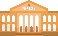 Illustration of an embassy building with the word EMBASSY at the top. This image could represent consular services, such as work visa or job visa consultations, related to Germany, particularly for those seeking a Chancenkarte (Opportunity Card) for employment opportunities.