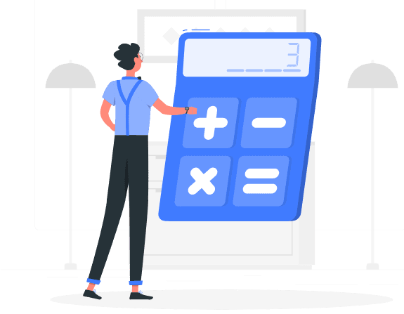 Illustration of a person using a large calculator to convert GPA, CGPA to percentage, with a German grade calculator, representing the German grading system.