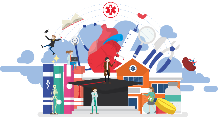 A scene showcasing medical education with symbols like a heart, syringe, stethoscope, and students engaging with books, a skeleton model, and a hospital. capturing the essence of studying Medicine in Germany.