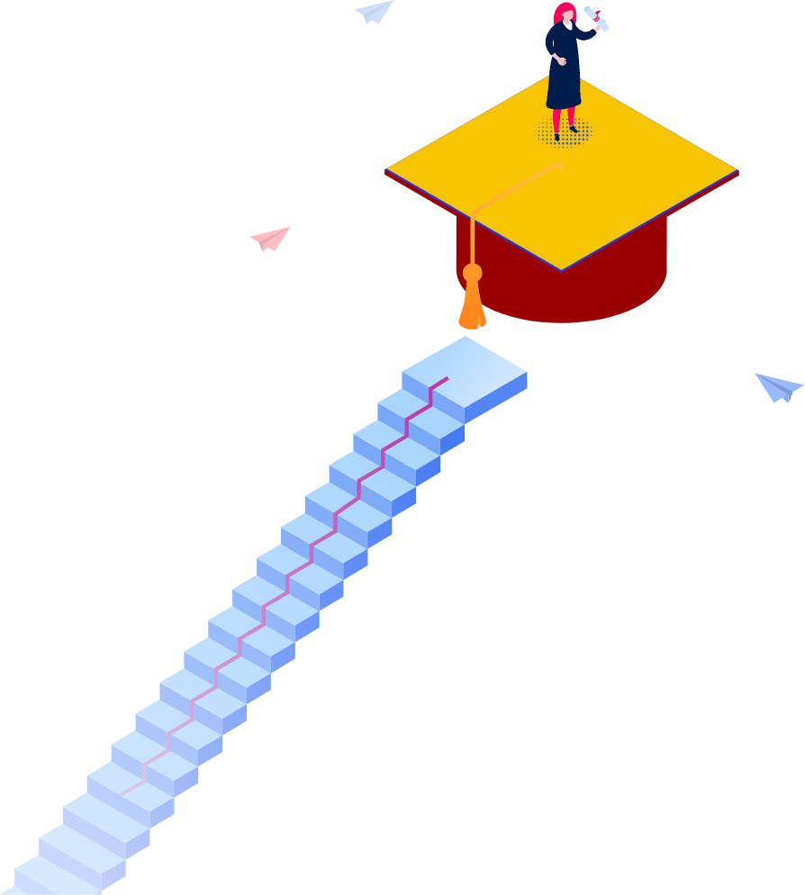 A graduate in a gown stands on a large yellow graduation cap at the top of a book staircase,holding a diploma and paper airplanes are flying around symbolize their next journey for study master in Germany with visa consultant support.