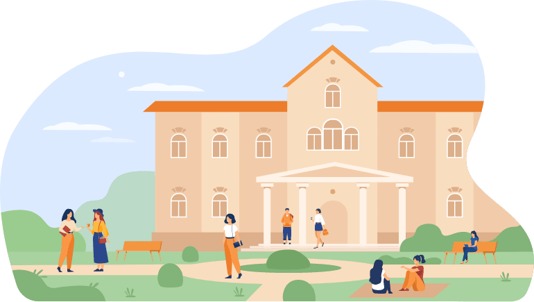 Students are engaging in activities outside a large university with a triangular roof and columns, against a bright yellow background. They are preparing for the Studienkolleg program to study for a bachelor's degree in Germany.
