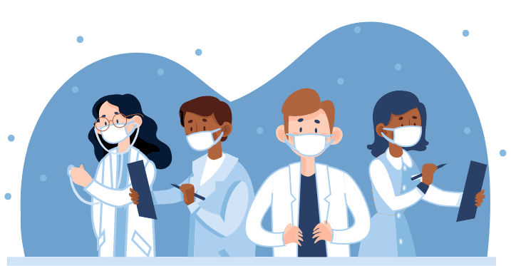 German doctors and nurses are in white lab coats and wearing masks, holding clipboards, symbolising their dedication to healthcare and patient safety. This image highlights nursing in Germany and employment opportunities in Germany's healthcare sector.