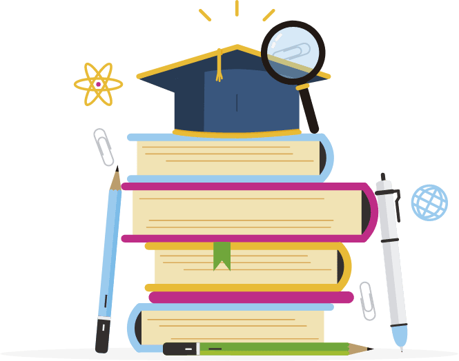The image shows a stack of books with a graduation cap, surrounded by academic items like a magnifying glass, pen, pencil, and a globe, symbolizing students choosing between freshman year or Studienkolleg at places like FH Aachen, while considering entry requirements for German public universities and German language proficiency.