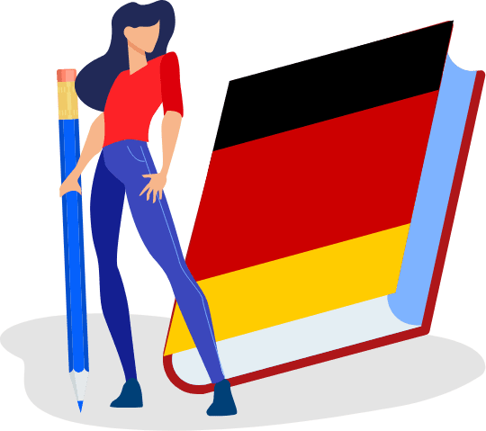 A woman wearing a red top and blue pants is a student holding a blue pencil and standing beside a large book featuring the German flag, ready to study in Germany.