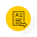 Yellow circular icon showing a document with a person symbol and an arrow, representing the application process for Anerkennung and work permit in Germany, especially for those pursuing nursing in Germany.