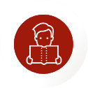 An red icon of a person with a speech bubble, representing communication or consultation, related to the German language and bachelors in Germany.