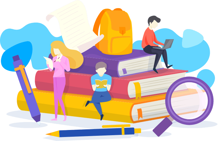 Students engaging with books and studying, symbolizing academic life, with elements like books, pens, and backpacks. Relevant for those interested in studying for a bachelor's degree in Germany, guided by German education consultants, and focusing on the German language.