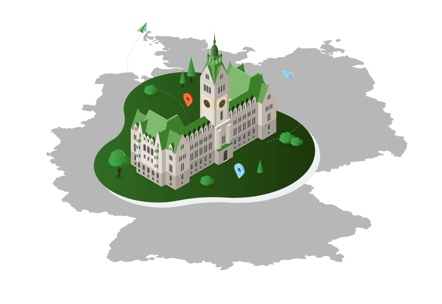 German-style university building with a green roof, set against a map outline of Germany. It could represent a theme of study bachelors in Germany with guiudance from expert visa consultants, with icons that might symbolize different services related to education, such as visa consultancy and support.