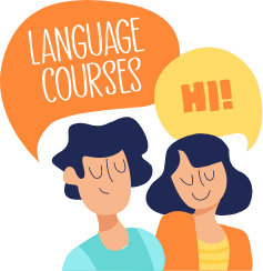 Two students smiling, with colourful speech bubbles saying Language Courses and Hi!, promoting German language classes, including German A1 courses taught by a German teacher.