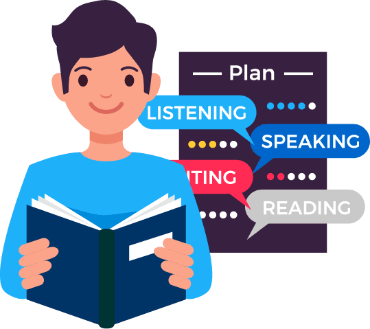 A student holding a book, planning for IELTS coaching classes program for expert training in listening, speaking, writing, and reading skills, ensuring success in IELTS exam.