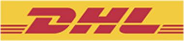 The DHL logo features bold, uppercase letters DHL in a bright yellow box with red lettering