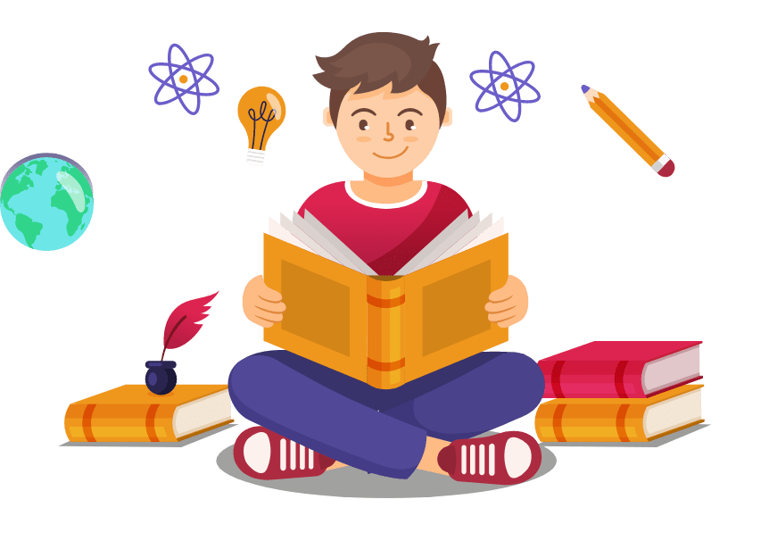 A cartoon boy sitting cross-legged reading a large book, surrounded by educational symbols like a globe, pencil, light bulb, and atomic structures, with books and a quill nearby preparing for study mbbs or medicine in Germany.