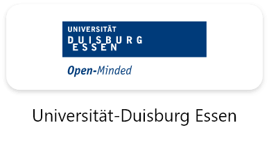 Logo of Universität Duisburg-Essen with the tagline 'Open-Minded,' representing a renowned German public university offering programs in English and German
