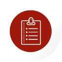 A white clipboard icon with a checklist is centred on a red circular background within a white circle, symbolizing the university selection process for pursuing a master’s degree (Ms) in Germany at renowned public universities.