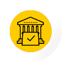 A yellow circular icon with a black outline of a university building with checkmark, symbolizing the university for bachelors in Germany.