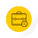 Yellow icon showing a briefcase with a magnifying glass, representing the process of applying for a work visa or employment permit in Germany—especially for those pursuing nursing Ausbildung in Germany, enrolling in course in Germany, or seeking a job in Germany.