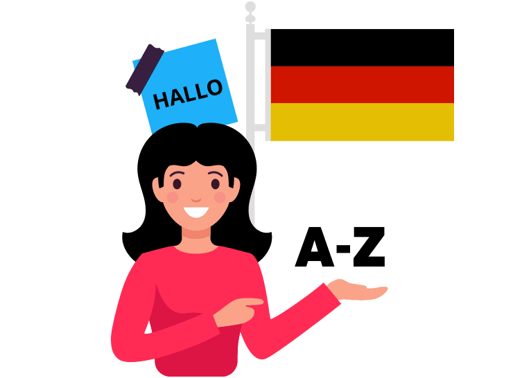 The image shows a person with a "Hallo" sign and a German flag, promoting German language courses and classes with skilled German teachers. Perfect for those wanting to learn German A1 to B2.