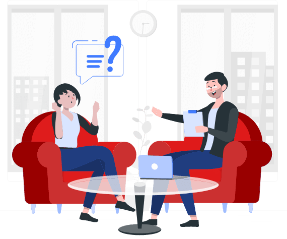 In an office, a male German education consultant in a black shirt and dark blue pants sits in a red armchair, holding a clipboard. He discusses bachelor's and master's study options with a girl opposite him, who gestures with a question mark about education in Germany.