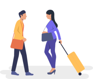 A man and a woman walking in opposite direction.the men ,wearing a yellow jacket carries a shoulder bag.the women in purple outfit is pulling a yellow luggage bag.they are dicussing for buddy services for their stay and study in Germany.