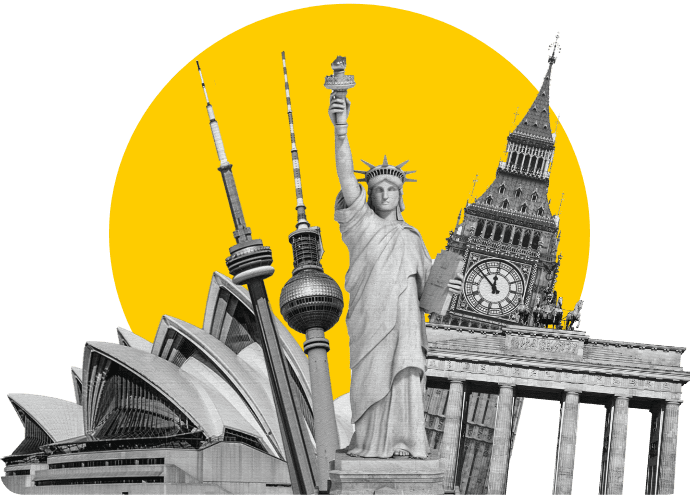 A collage of famous landmarks – Statue of Liberty, Big Ben, Berlin TV Tower, Sydney Opera House, and CN Tower – set with bright yellow background, symbolizing global travel, international connections, or iconic world heritage sites. visa consultants offers worldwide services for international travel and study abroad.