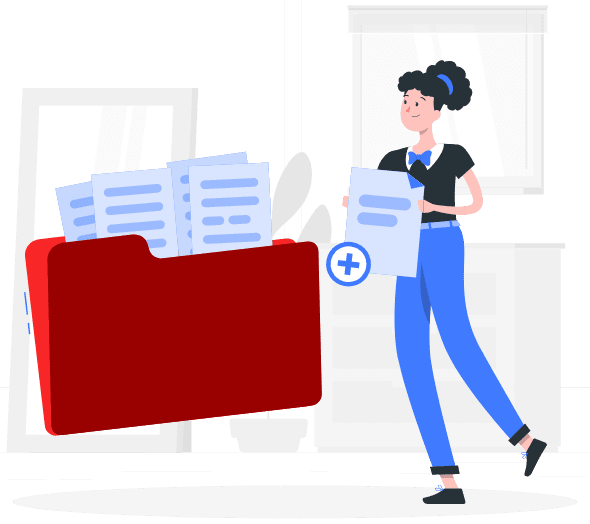 A girl with curly hair, wearing a black top and blue pants, is placing her CV into a large red folder containing study applications, including a LOM and LOR, for German universities. Consultancy focus on drafting high quality documents containing study application, including LOM ,LOR and CV for study in Germany.