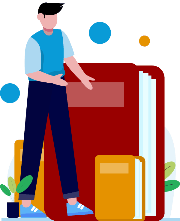 A man in a blue outfit points to an oversized book symbolizing educational guidance for studying abroad in Germany, with small green plants at the base and abstract shapes in the background.