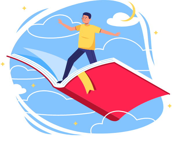 A man in a yellow shirt and blue pants joyfully stands on an oversized red book through a light blue sky with clouds and a crescent moon, celebrating his German study visa approval with the help of German education consultants.