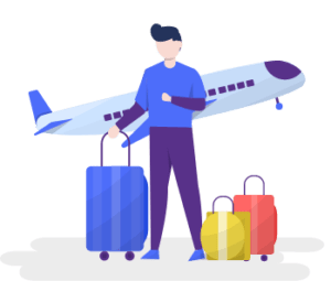 A person in a purple outfit holds a blue suitcase, with a yellow and red suitcase on the ground. An airplane in the background suggests travel. He's excited about moving for studying in Germany.