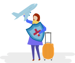 A girl holding a toy airplane and a shield with a red cross stands next to a yellow suitcase on wheels, symbolizing the journey facilitated by visa consultants for studying abroad in Germany, along with travel and health insurance.
