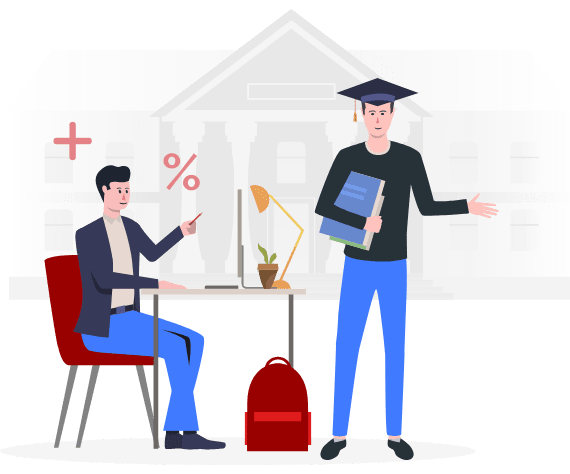 Two men are discussing in front of a building. One sits at a desk and explains the benefits of applying the Application Process through Visa Consultants to other men wearing a graduation cap and holding a book.