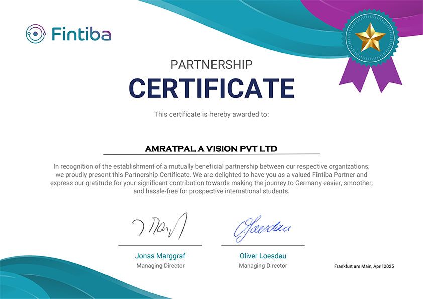 Partnership certificate awarded to Amratpal A Vision Pvt Ltd by Fintiba for supporting international students in their journey to Germany.