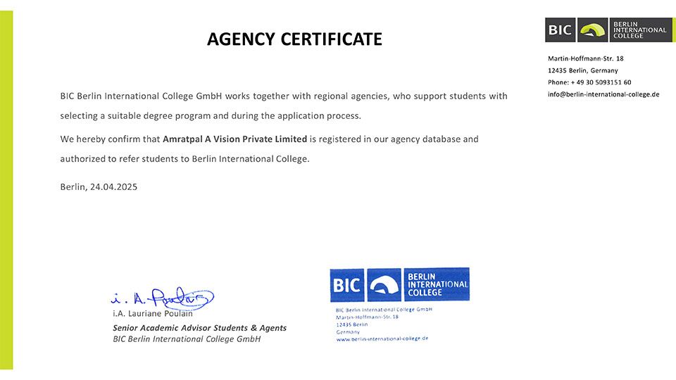 Amratpal A Vision recognized as an official representative of Berlin International College. Guiding students to study in Germany and apply for Germany study visa support. Helping students secure admission to top universities in Berlin, Germany.