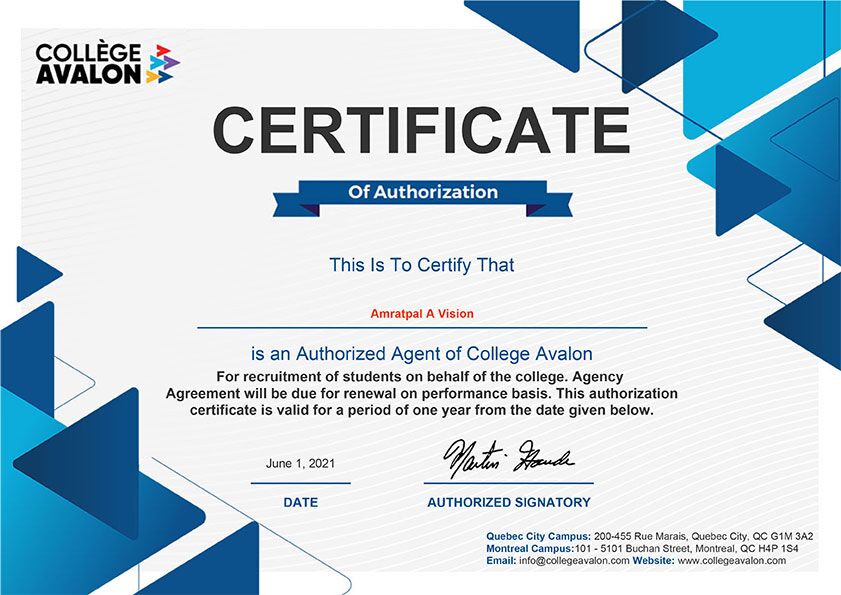 Certificate authorizing Amratpal A Vision as an official agent of Avalon College. Supporting students with Germany student visa and guidance to study in Germany. Helping students apply to top universities in Germany through trusted consultation.