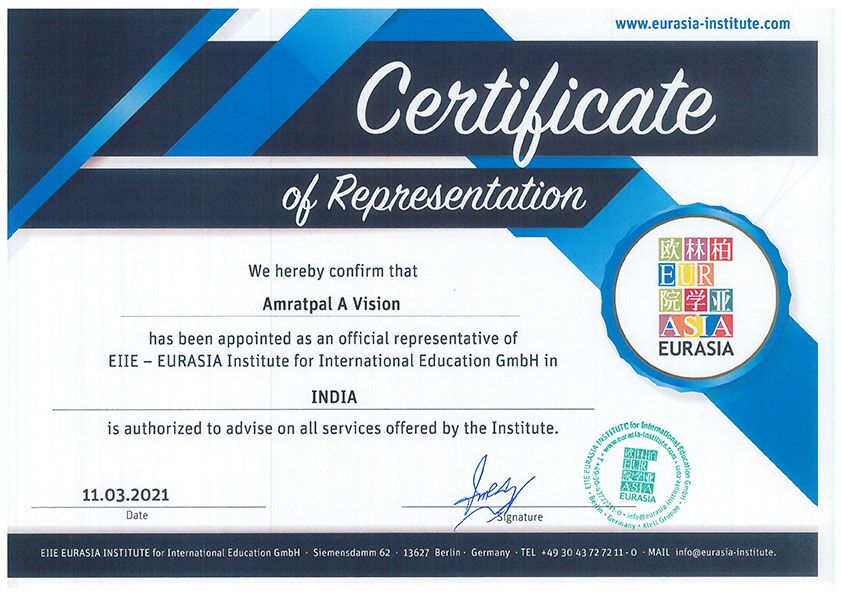 Certificate recognizing Amratpal A Vision as an official representative of Eurasia Institute. Supporting international students seeking education in Berlin, Germany. Guiding aspirants to study in Germany and apply to top universities in Germany.
