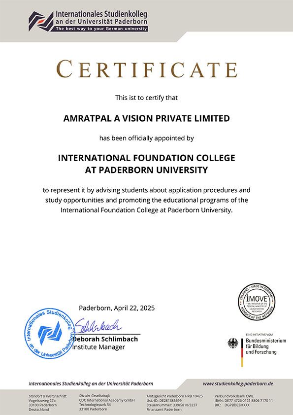 Certificate appointing Amratpal A Vision as an official representative of Paderborn Studienkolleg. Guiding students through Studienkolleg admissions and Germany study visa processes. Trusted support for student visa and study in Germany opportunities.