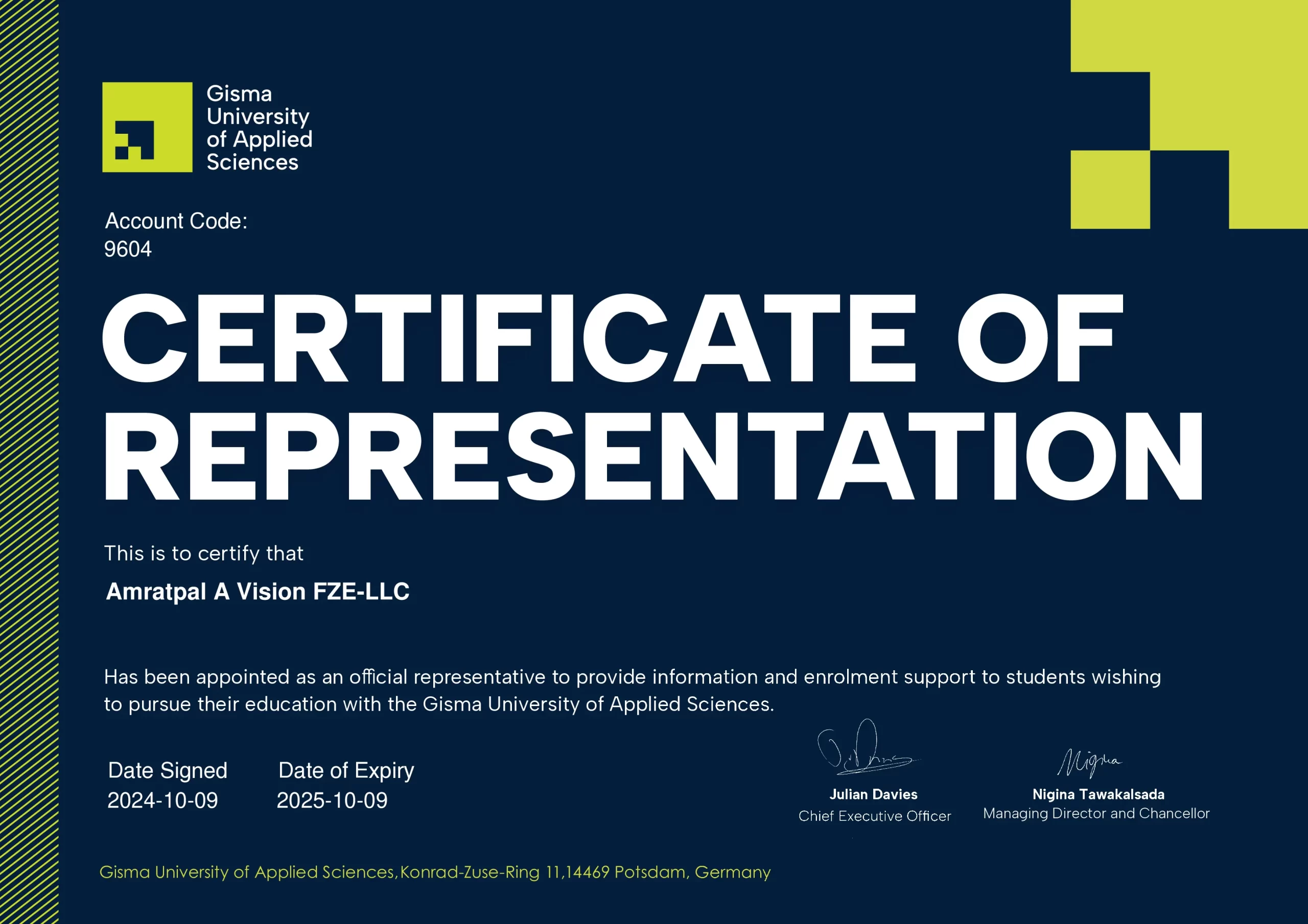 Certificate of Representation awarded to Amratpal A Vision by GISMA Business School. Supporting international students pursuing education in Germany.