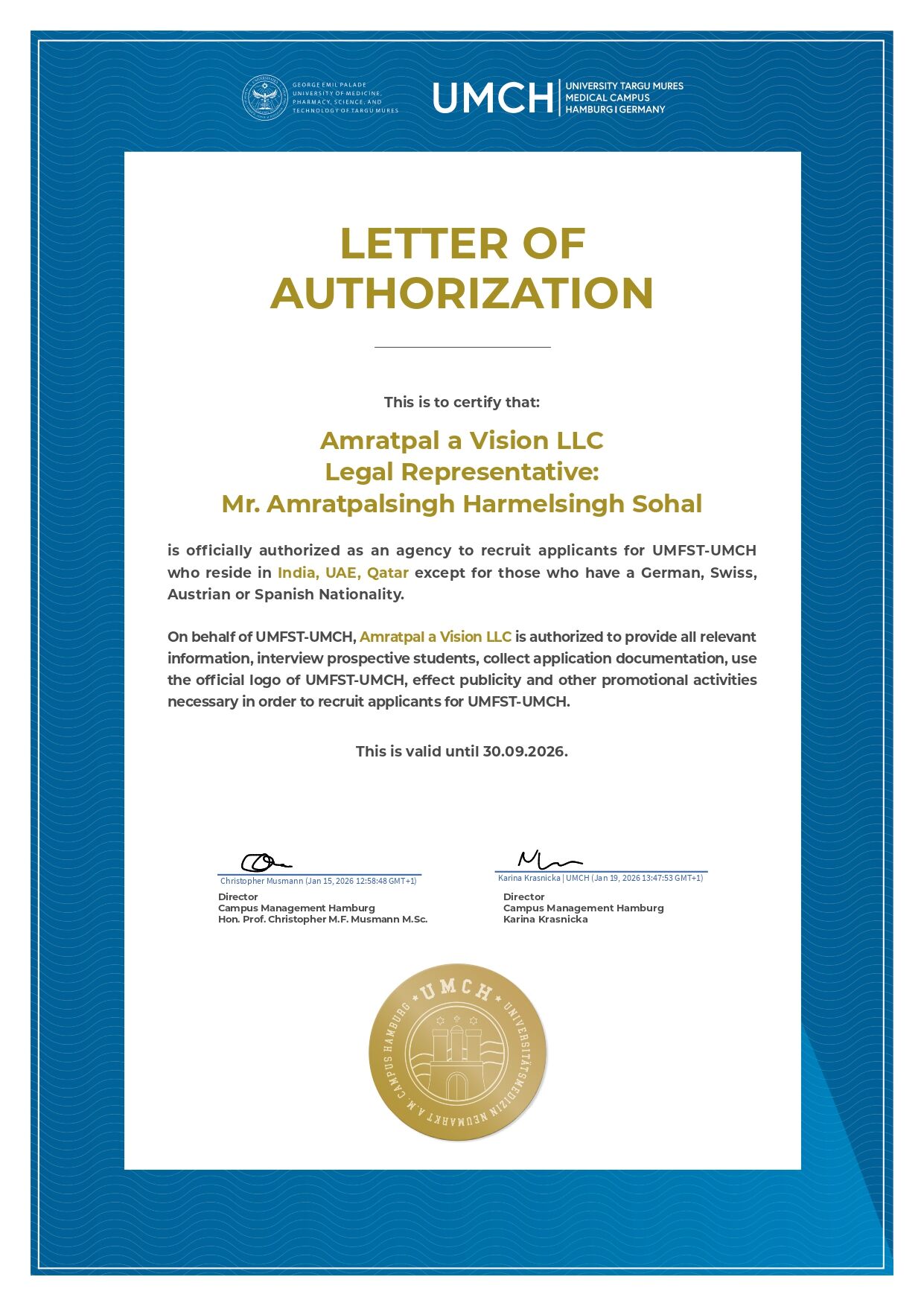 UMCH Letter of Authorization certifying Amratpal a Vision LLC as an official recruitment agency for applicants in India, UAE, and Qatar, valid until September 30, 2026